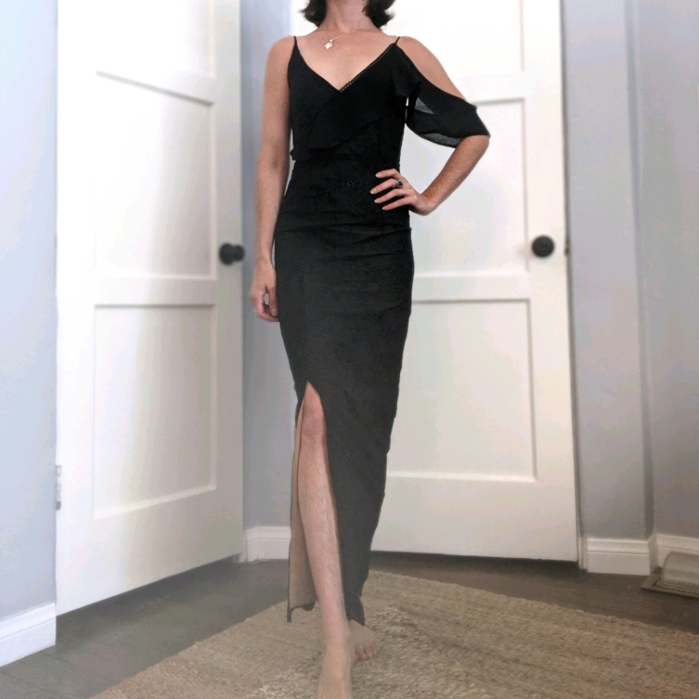 Asymmetrical black embroidered evening gown